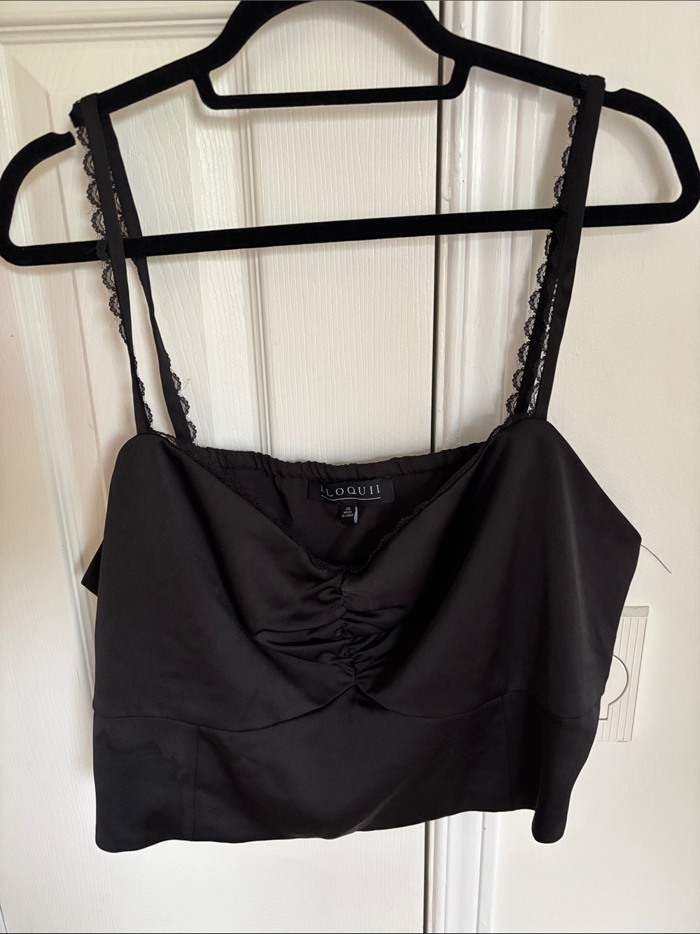 Eloquii Black Satin Lace-Trim Crop Top